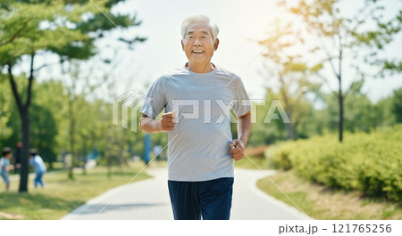 Active elderly asian male jogging in sunny park embracing healthy lifestyle and fitness outdoors Active elderly asian male jogging in sunny park embracing healthy lifestyle and fitness outdoors 121765256