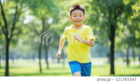 Cheerful asian child running in sunny park for outdoor fitness and fun 121765347