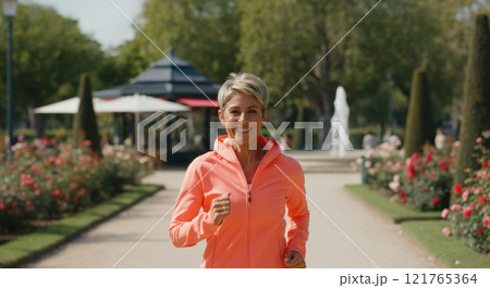 Mature caucasian woman jogging in park on sunny day for fitness and wellbeing Mature caucasian woman jogging in park on sunny day for fitness and wellbeing 121765364