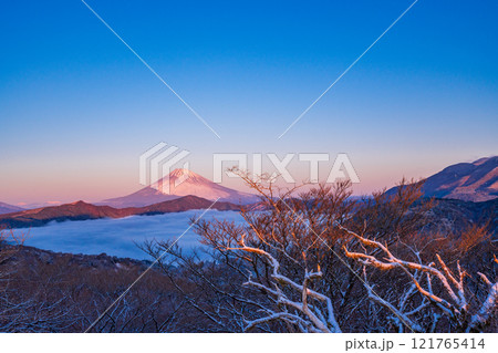 【神奈川県】降雪した箱根から芦ノ湖の雲海と富士山　夜明け 121765414