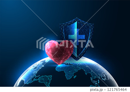 World health day protection concept featuring glowing heart and shield with cross symbol on Earth 121765464