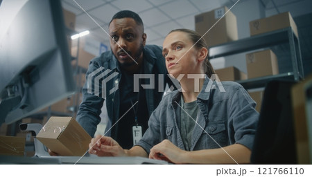 African American warehouse employee scans code on parcel. Female logistics specialist uses computer African American warehouse employee scans code on parcel. Female logistics specialist uses computer 121766110