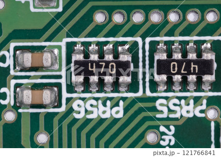 Close up of labeled electronic components on PCB Close up of labeled electronic components on PCB 121766841