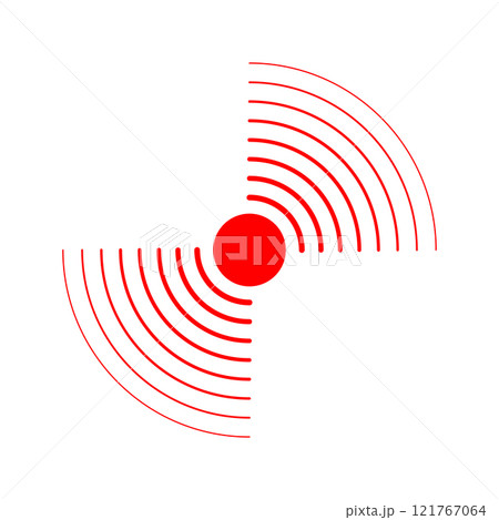 Shockwave, radar, sonar wave or sound signal pictogram isolated on white background. Pain localization icon. Earthquake, vibration or radiation symbol. Inflammation or ache sign. Vector illustration Shockwave, radar, sonar wave or sound signal pictogram isolated on white background. Pain localization icon. Earthquake, vibration or radiation symbol. Inflammation or ache sign. Vector illustration 121767064