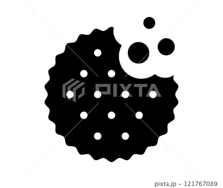 Bitten cracker silhouette with crumbs. Sweet or salty biscuit cookie in round shape. Popular crunchy snack isolated on white background. Vector graphic illustration 121767089