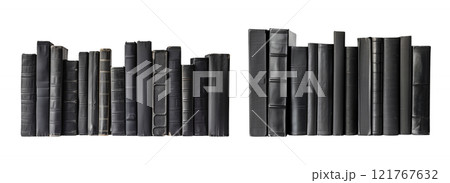 Set of isolated mockup book spines with blank cover on a transparent background in classic old style, black color, side view. 121767632