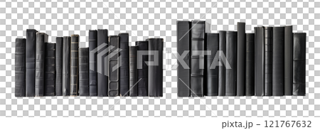 Set of isolated mockup book spines with blank cover on a transparent background in classic old style, black color, side view. 121767632