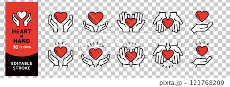 一隻手握著一顆心的插圖_一組可編輯的線條圖標 一隻手握著一顆心的插圖_一組可編輯的線條圖標 121768209