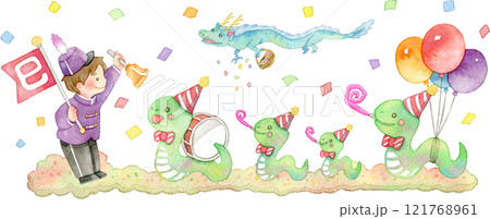 【巳年】賑やかな蛇(ヘビ)のパレードの水彩イラスト 121768961