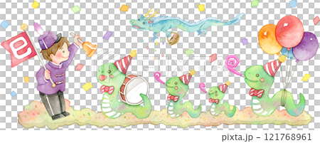 【巳年】賑やかな蛇(ヘビ)のパレードの水彩イラスト 121768961