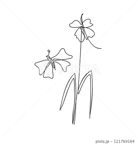 Flower and butterfly line art hand drawn vector illustration 121769164