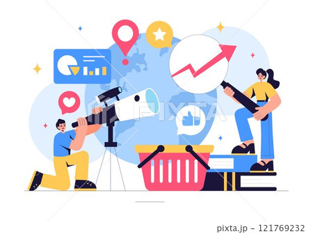 Trend Watcher Vector Illustration featuring a Specialist Monitoring Emerging Business Trends and Managing Projects in a Flat Style Cartoon Background Trend Watcher Vector Illustration featuring a Specialist Monitoring Emerging Business Trends and Managing Projects in a Flat Style Cartoon Background 121769232