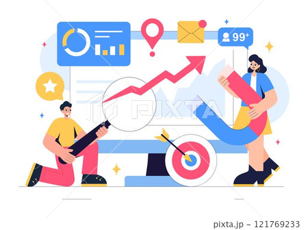 Trend Watcher Vector Illustration featuring a Specialist Monitoring Emerging Business Trends and Managing Projects in a Flat Style Cartoon Background 121769233