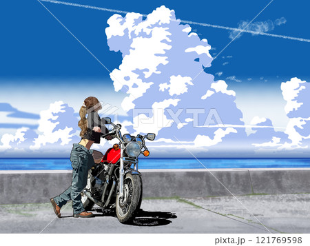 バイクで海を眺める女性 121769598