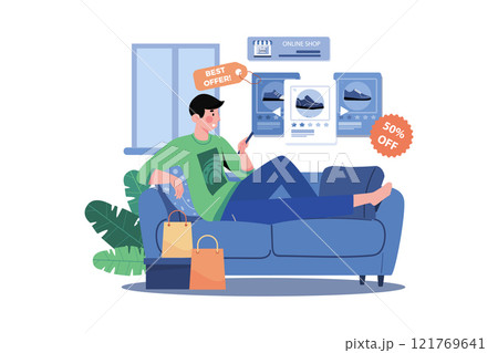 Man Shopping Online On Commerce Flatform At Home Man Shopping Online On Commerce Flatform At Home 121769641