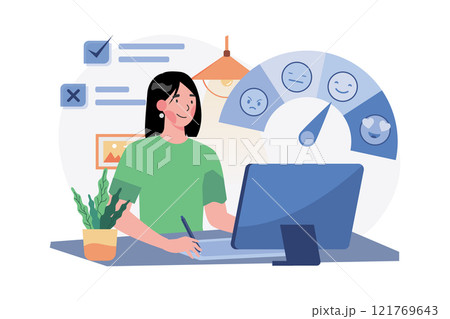 Woman Pressing Smiley Face Emoticon Online To Service Rating. Woman Pressing Smiley Face Emoticon Online To Service Rating. 121769643