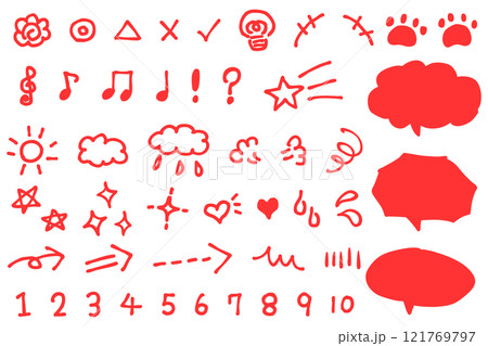 手書き感のある可愛いイラスト素材と吹き出しセット 121769797
