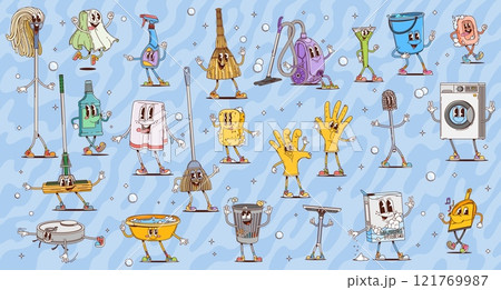 Cartoon housekeeping and cleaning groovy characters. Retro psychedelic household supplies vector personages of cute bucket and window cleaner spray, funky hippie soap, vintage brush, mop and broom 121769987