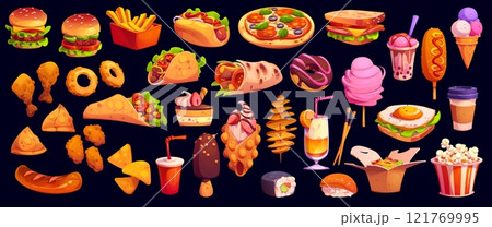 Cartoon fast food burgers, sandwiches or snacks and meals, vector icons. Cartoon fast food cheeseburger with popcorn and sushi, burrito with taco and grill chicken nuggets or pizza and milkshake drink Cartoon fast food burgers, sandwiches or snacks and meals, vector icons. Cartoon fast food cheeseburger with popcorn and sushi, burrito with taco and grill chicken nuggets or pizza and milkshake drink 121769995