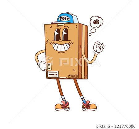 Cartoon groovy delivery cardboard box courier character. Vector package in postman worker cap. Isolated parcel, smiling cargo pack, friendly personage for mail or post shipping service with ok sign Cartoon groovy delivery cardboard box courier character. Vector package in postman worker cap. Isolated parcel, smiling cargo pack, friendly personage for mail or post shipping service with ok sign 121770000