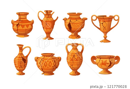 Antique vases or ancient Greek jug pitchers and ceramic amphora pots, vector icons. Archeology museum ceramic vases or ancient pottery jugs and pitchers of clay with ornament and broken piece cracks 121770028