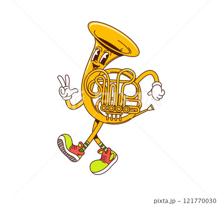 Cartoon french horn groovy musical instrument character. Isolated vector brass pipe, retro y2k personage with happy face flashing peace sign, inviting for music school or funky concert performance 121770030