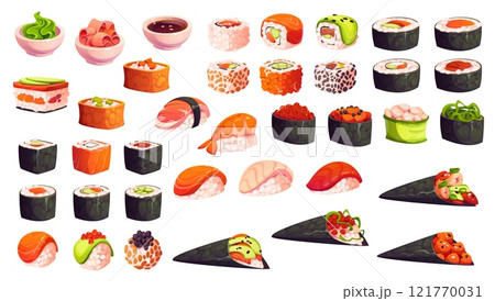 Cartoon Japanese sushi and rolls with sashimi for Asian cuisine food menu, vector icons. Sushi set of nigiri and maki and hosomaki rolls with seafood, shrimp and fish caviar, wasabi and soy sauce 121770031