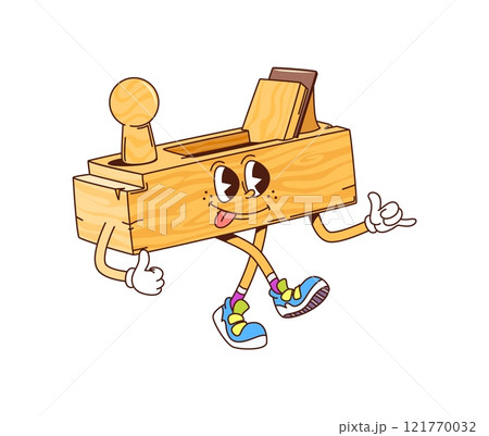 Groovy jointer plane, work tool cartoon character for building, DIY and repair, comic vector. Groovy jointer plane with funny face and funky tongue out smile for carpentry DIY cartoon work tool 121770032