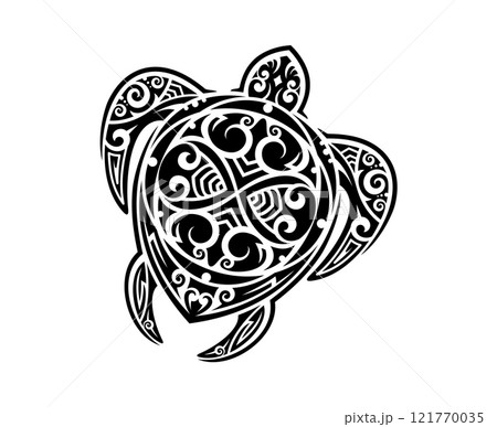 Maori tribal turtle reptile animal tattoo. Hawaiian ethnic sea animal tattoo vector symbol, Samoan tribe marine nature or Polynesian Maori culture turtle print. New Zealand tribal ocean life ornament 121770035
