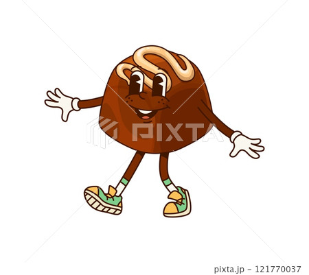 Groovy chocolate candy or confectionery sweet dessert character, cartoon vector. Groovy chocolate confection with happy smile on funny face and nougat or caramel syrup for pastry cartoon character 121770037
