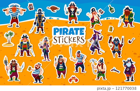 Cartoon pirate and corsair characters stickers. Vector patches with funny rovers. Captain, sailor, boatswain and swashbuckler with female pirate queen on secret island sandy beach with palm trees 121770038