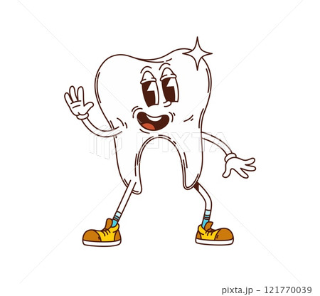 Cartoon groovy tooth medicine and health character smiling and waving, conveying a sense of friendliness with expressive eyes, spark and retro shoes, emphasizing dental hygiene and oral care for kids 121770039