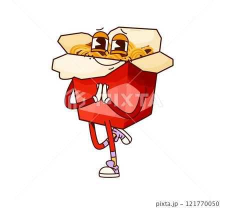 Fast food groovy wok noodles cute character. Asian cuisine fast food cafe noodle cheerful vintage character, takeaway wok happy groovy isolated vector mascot. Street restaurant meal funny personage Fast food groovy wok noodles cute character. Asian cuisine fast food cafe noodle cheerful vintage character, takeaway wok happy groovy isolated vector mascot. Street restaurant meal funny personage 121770050