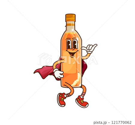 Groovy cartoon Halloween Mexican mezcal bottle wizard character, vector Tex Mex drink. Groovy Mexican mezcal alcohol drink bottle with happy face in sorcerer wizard mantle for Halloween holiday 121770062