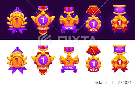 Game rank level up badge icons, victory shields asset. Cartoon vector reward, user rate trophies signify progression and achievement, victory and success in gaming. Gui pop up elements for mobile apps Game rank level up badge icons, victory shields asset. Cartoon vector reward, user rate trophies signify progression and achievement, victory and success in gaming. Gui pop up elements for mobile apps 121770074