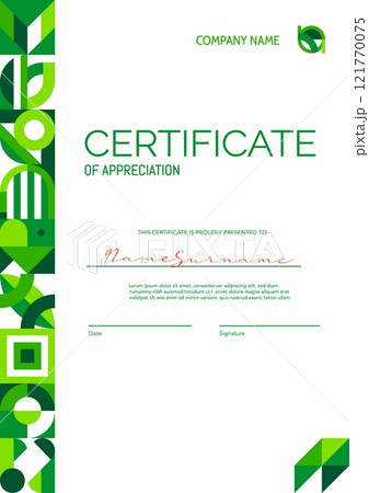 Environment ecology theme, certificate of appreciation template with green abstract modern geometric pattern border line. Vector diploma, award or gift certificate vertical template with eco mosaic 121770075
