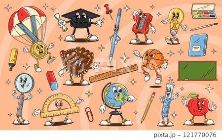Cartoon school stationery groovy characters of cute retro pen, pencil, ruler and globe. Psychedelic school supplies vector personages, groovy sharpener, graduation hat and apple, medal and magnifier Cartoon school stationery groovy characters of cute retro pen, pencil, ruler and globe. Psychedelic school supplies vector personages, groovy sharpener, graduation hat and apple, medal and magnifier 121770076