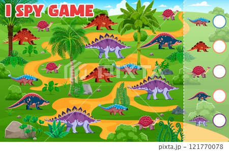 Prehistoric dinosaurs on kids I spy game worksheet, vector dino puzzle quiz. I spy game to find and match same picture of cartoon funny Jurassic dinosaurs, prehistoric lizards and reptiles in forest Prehistoric dinosaurs on kids I spy game worksheet, vector dino puzzle quiz. I spy game to find and match same picture of cartoon funny Jurassic dinosaurs, prehistoric lizards and reptiles in forest 121770078