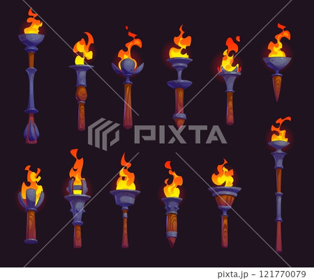 Medieval fire torch, game asset, vector UI. Cartoon ancient greek flaming torches with wood handles and metal cups, video and mobile game development elements. Wall mounted and handheld fire sticks Medieval fire torch, game asset, vector UI. Cartoon ancient greek flaming torches with wood handles and metal cups, video and mobile game development elements. Wall mounted and handheld fire sticks 121770079