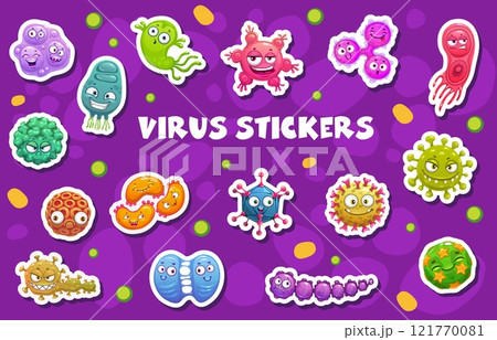 Stickers of funny bacteria, virus and germ characters with happy faces, cartoon vector. Cute bacteria disease and virus emoji stickers with funky faces and silly emoticon smiles of flu monster microbe Stickers of funny bacteria, virus and germ characters with happy faces, cartoon vector. Cute bacteria disease and virus emoji stickers with funky faces and silly emoticon smiles of flu monster microbe 121770081