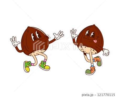 Groovy hazelnut nut characters. Cartoon vector pair of lively retro personages dance, exhibit joyful expressions and retro shoes, enhancing the playful and cheerful hippie y2k vibe and funky energy 121770115