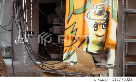 Close up of empty pizza boxes in industrial warehouse with graffiti drawings on walls. Trash left over in underground location used as crime haven by delinquents, urban background 121770322