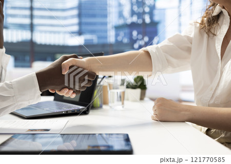 HR employee does welcoming handshake after determining candidate possesses skills needed to fulfil role. Close up of HR manager shaking hands after evaluating applicant qualifications HR employee does welcoming handshake after determining candidate possesses skills needed to fulfil role. Close up of HR manager shaking hands after evaluating applicant qualifications 121770585