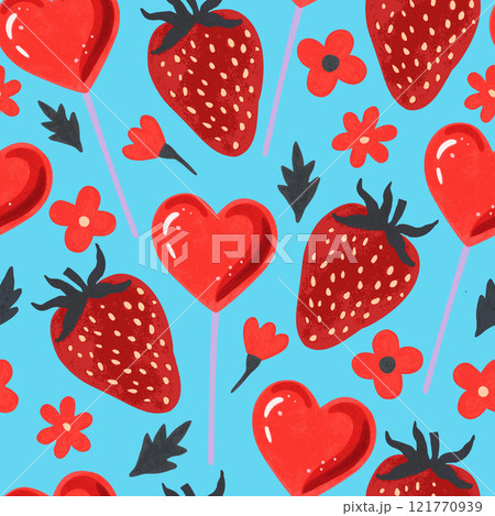 Valentine seamless pattern with red strawberries, flowers and herat-shaped lollypops. 121770939