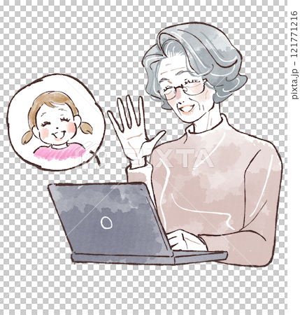 Senior woman talking to her granddaughter on computer 121771216