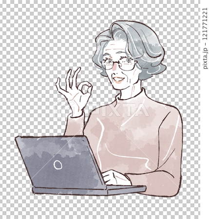 Senior woman making an OK sign while using a laptop 121771221