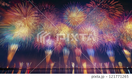 夏の夜空を彩る華やかな打ち上げ花火「AI生成画像」 121771265
