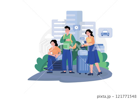 A Group Of Tourists With Their Luggage Waiting For A Taxi 121771548