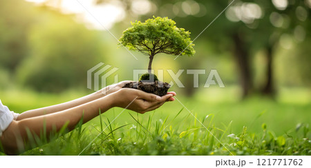 Environment Earth Day In the hands of trees growing seedlings. Bokeh green Background Female hand holding tree on nature field grass Forest conservation concept Environment Earth Day In the hands of trees growing seedlings. Bokeh green Background Female hand holding tree on nature field grass Forest conservation concept 121771762