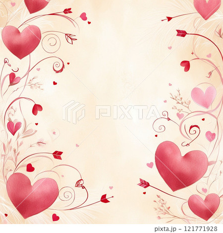 Romantic background with red and pink hearts, swirls, and arrows on a beige backdrop. Perfect for Valentine's Day, love letters, and wedding invitations. Offers ample copy space in the center. 121771928